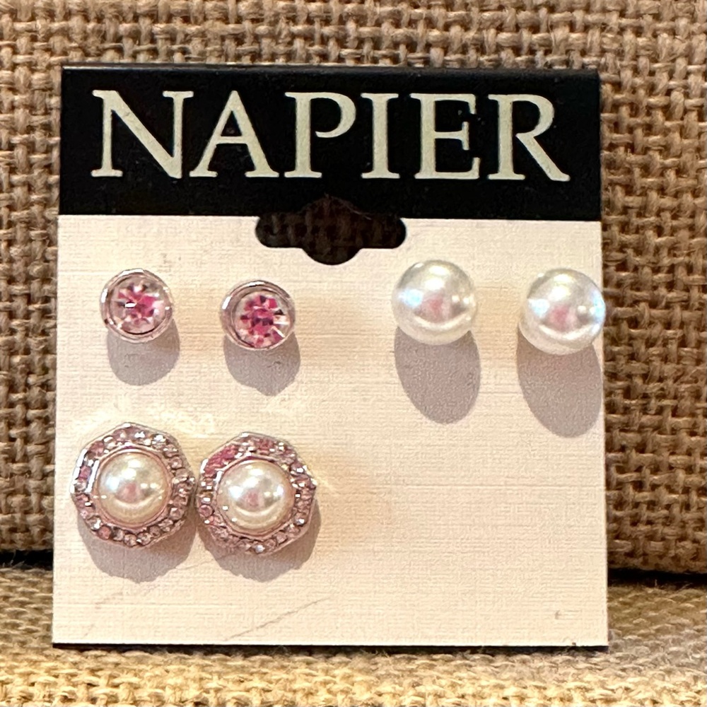 NWT Napier Earrings- set of 3 pairs- silver tone, clear rhinestones, faux pearls